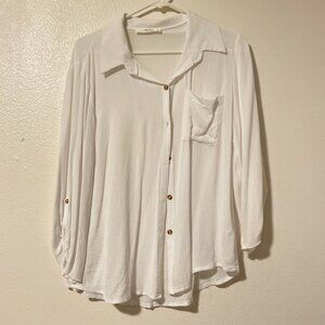 Long sleeve flowy white button down in crinkle fabric